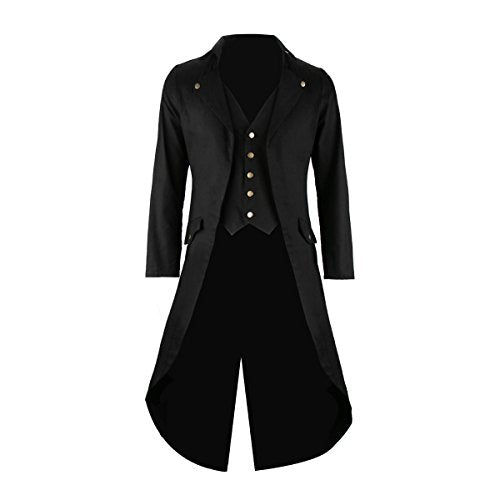 Mens Black Tailcoat Jacket Gothic Steampunk Victorian VTG Halloween Costume Long Coat